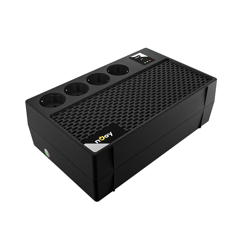 UPS nJoy Renton 650 Plus, 650VA / 360W, 4x prize Schuko conectate la baterie, 1x port incarcare USB Tip C 33W, 1x port de incarcare USB Tip A 18W, fara display LCD, tensiune nominala de intrare 230V  Caracteristici Stabilizator (AVR) de tip Boost and Buck