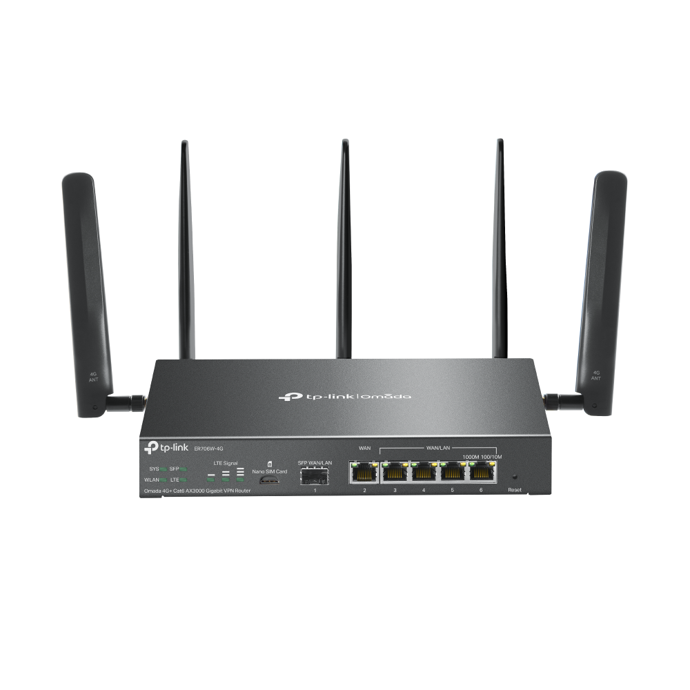 "Omada 4G+ Cat6 AX3000 Gigabit VPN Router PORT: 1× Gigabit SFP WAN/LAN Port, 1× Gigabit RJ45 WAN Port, 4× Gigabit WAN/LAN RJ45 Ports, 1 Nano SIM slot (4G+ Cat6) SPEED: 574Mbps at 2.4 GHz + 2402 Mbps at 5 GHz (HE160) Wi-Fi Speed, 300 Mbps Download LTE Spee