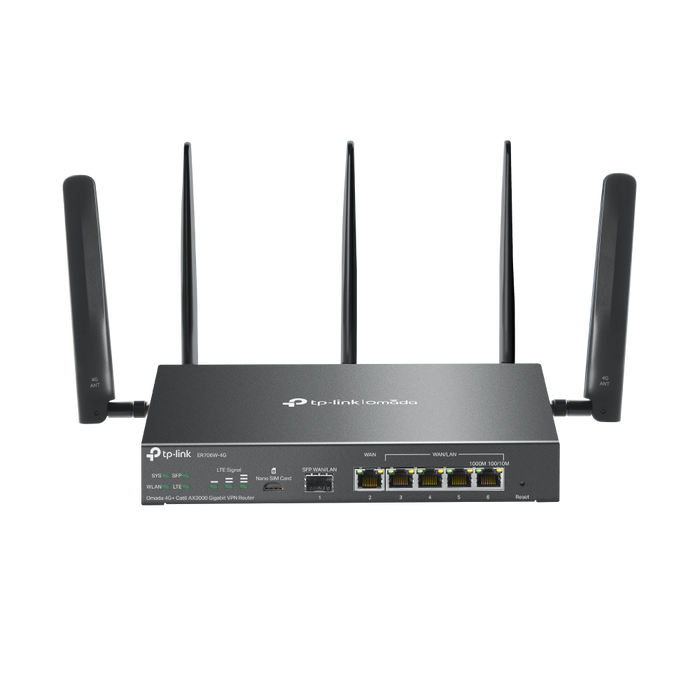 "Omada 4G+ Cat6 AX3000 Gigabit VPN Router PORT: 1× Gigabit SFP WAN/LAN Port, 1× Gigabit RJ45 WAN Port, 4× Gigabit WAN/LAN RJ4