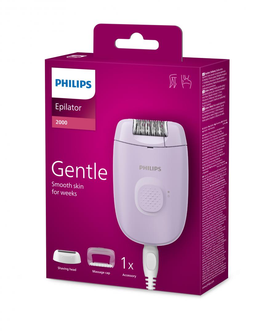 Epilator cu fir PHILIPS Seria 2000 BRE237/00, 1 viteza, 2 accesorii, Retea, Lila, L x A x I (mm) 110x40x145