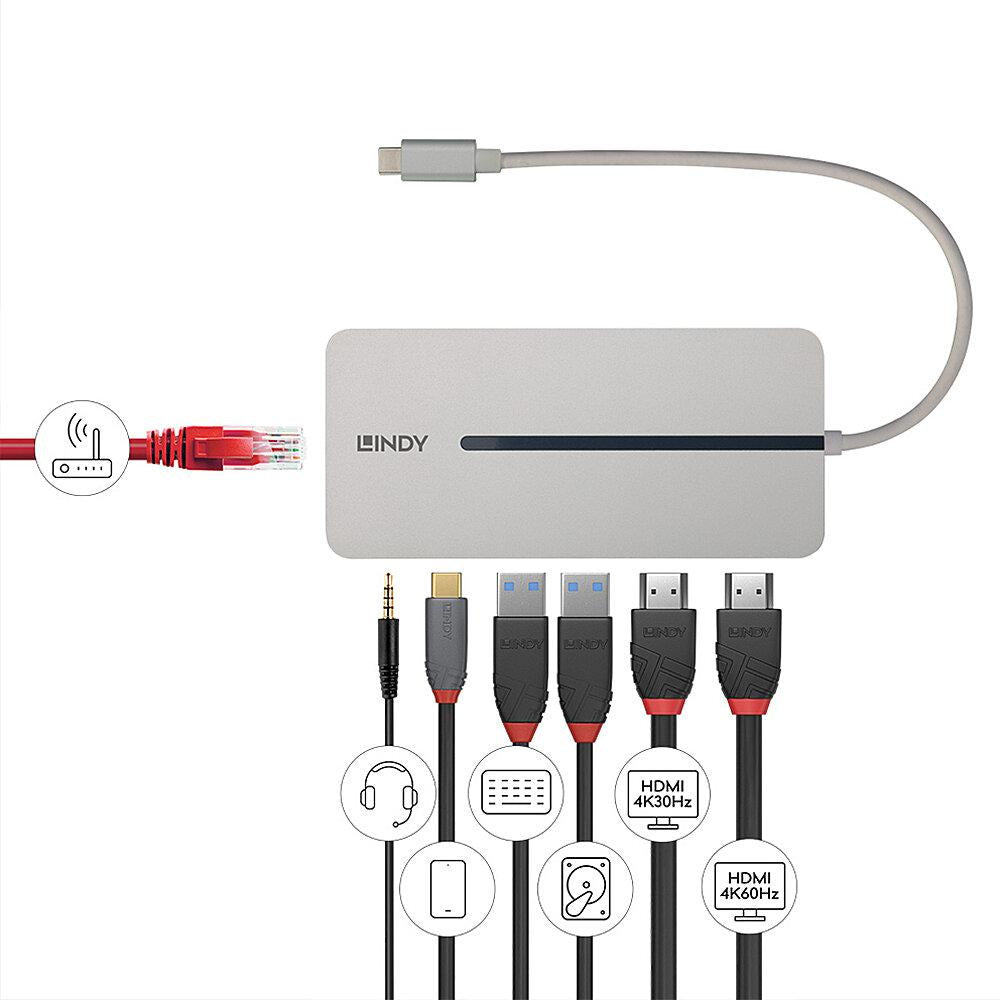 Lindy DST-Mx Duo Mini Docking Station USB Type-C, Dual display (4k), 100W Pass-through charging, rezolutie single display 4k@60, rezolutie dual display 4k@60 + 4k@30, 2x USB Type A, 1x USB-C (PD & Data), 2x HDMI, 1x RJ45, 2x Card reader (microSD & SD), 1x