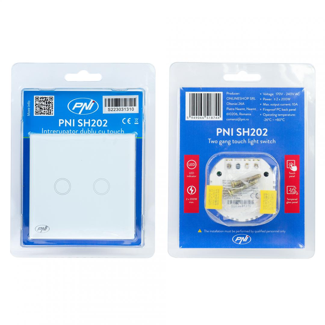 Pni Intrerupator Dublu Touch Alb (Intrerupator dublu cu touch Pni SH202 din sticla)