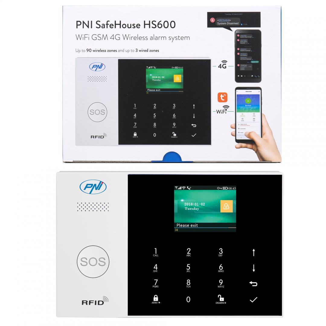 Sistem de alarma wireless PNI SafeHouse HS600 Wifi GSM 4G, suporta 90 zone wireless si 3 zone cu fir, compatibil cu aplicatia Tuya Smart, alerta prin SMS, apel vocal, notificare pe telefon, Zone wireless: 90, Zone Cablate: 3, Comunicator: 4G GSM, Numere d