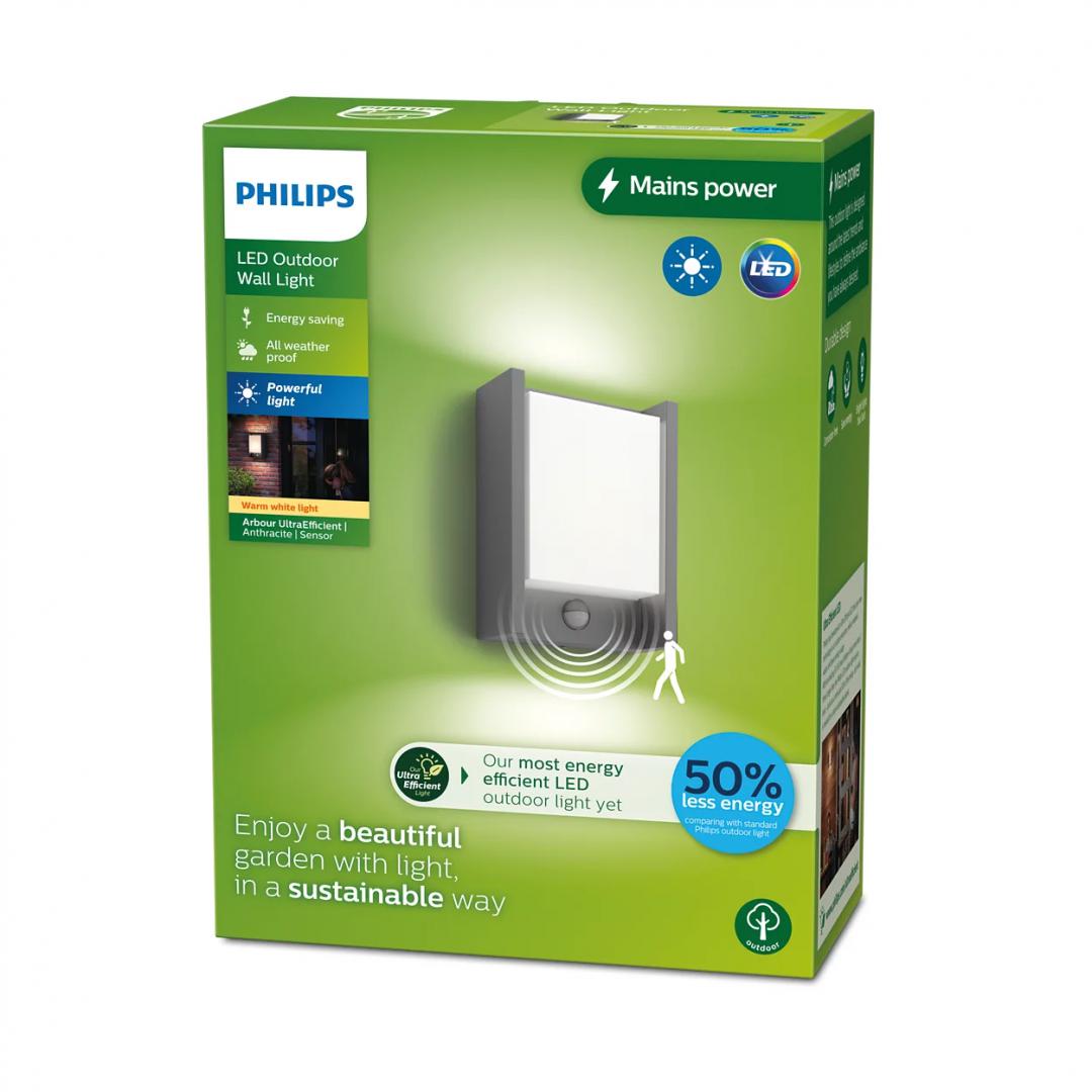 Aplica LED pentru exterior cu senzor de miscare Philips ARBOUR, 3.8W,800 lm, lumina calda (2700K), IP44, 220x76x165mm, Antracit