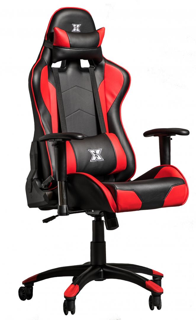 RESIGILAT | Scaun gaming X by Serioux, Torin, ajustabil, piele sintetica, piston pe gaz, manere reglabile, baza stea cu 5 picioare, greutate maxima admisa 150Kg, perne detasabile, negru si rosu SERIOUX