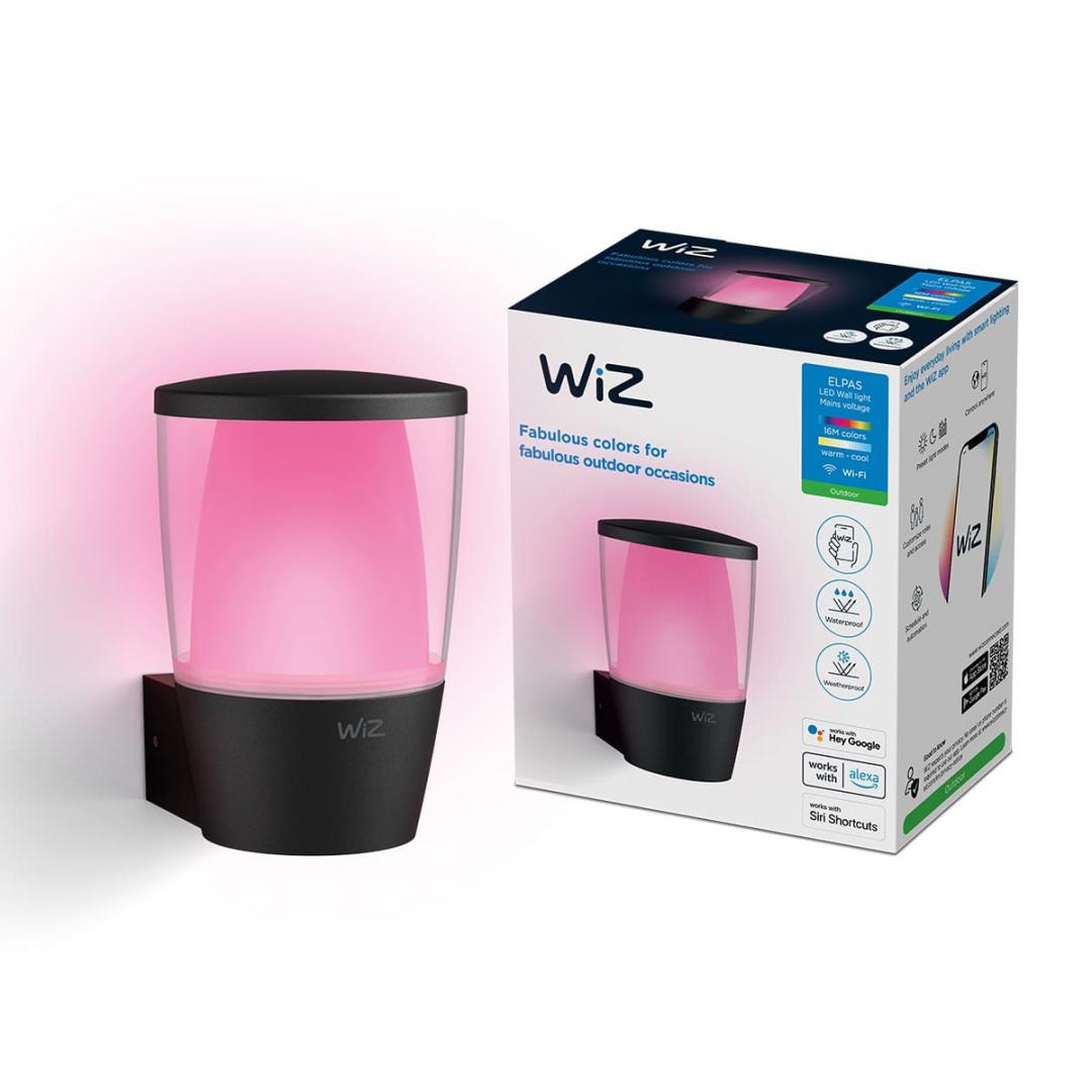 Aplica LED RGB pentru iluminat exterior WiZ Connected Elpas Wall, 8.5W, 950 lm, lumina alba si color (2700-5000K), IP65, 108x163x134mm, Negru
