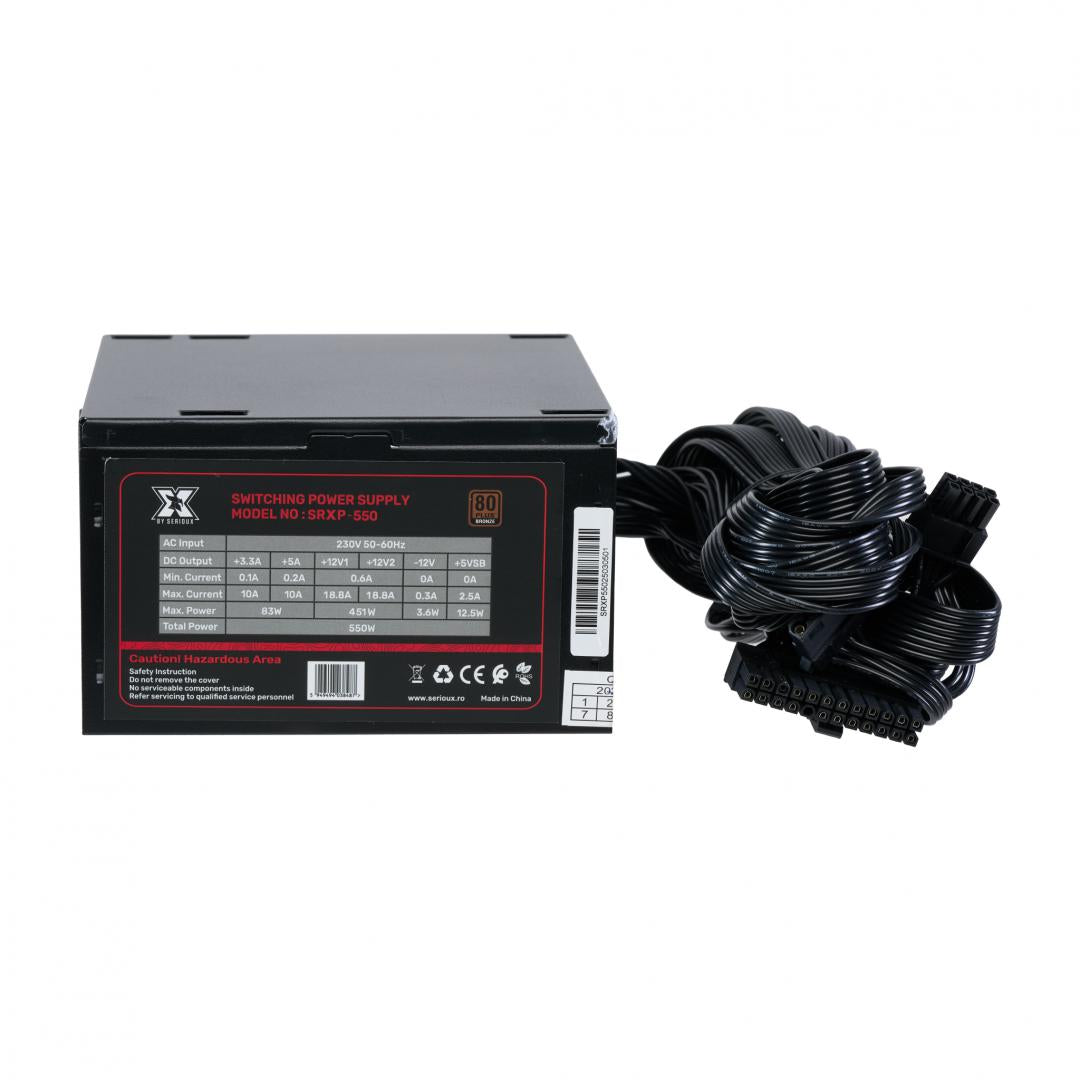 Sursa Serioux Energy 550W, 80+ Bronze, Ventilator 12cm, ATX, material metal, cabluri: 20+4-pin, 1x4+4-pin, 2x6+2-pin, negru
