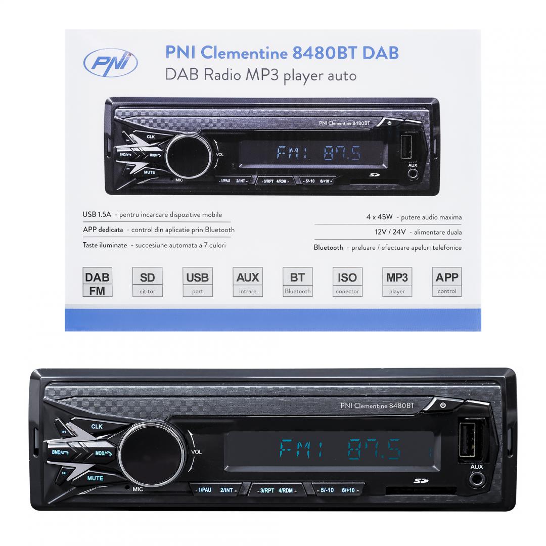DAB si RDS radio MP3 player auto PNI Clementine 8480BT 4x45w, 12/24V, 1 DIN, cu SD, USB, AUX, RCA, Bluetooth si USB 1.5A pentru incarcare telefon, Radio: FM/DAB+, Radio FM: 87.5MHZ - 108.0MHZ, Radio DAB: 174.928MHZ - 239.200MHZ, Dimensiuni (L x H x A / Gr