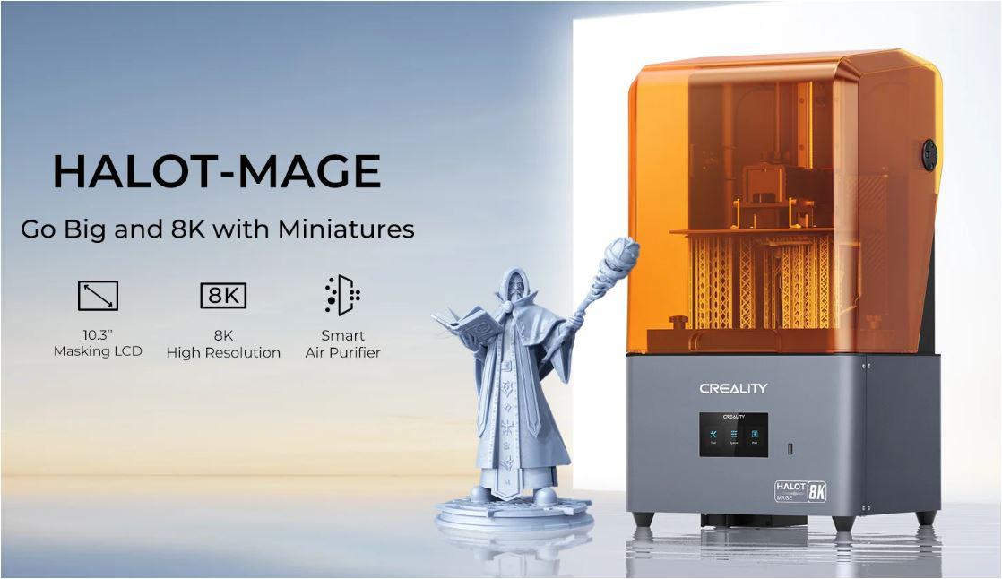 Imprimanta 3D Creality Halot-MAGE cu rasina, Tehnologie SLA, Stereolitografie, sursa 100W, dimensiuni printare: 228*128*230mm, Dimensiuni imprimanta: 333*270*608mm, Viteza:1-5s/strat, Inaltime strat:0.05-0.15mm, LCD 10.3", rezolutie: 8K(7680x4320), transf