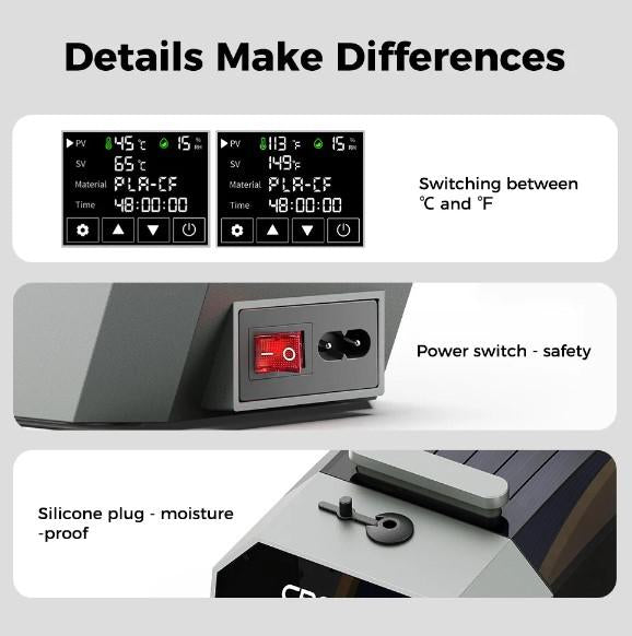 CREALITY 3D SPACE PI FILAMENT DRYER, dimensiuni: 300x200x100mm, 145W, Control temperatura : 45°C-70°C, Durata incalzire: 0-48h, Diametru filament compatibil: 1.75mm/2.85mm.Recomandat pentru: PLA, TPU, PP, ABS, ASA, PETG, PC, PET, PLA-CF, PETG-CF, PA-CF, T