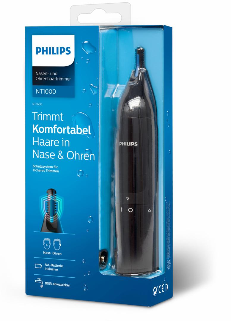 Aparat de tuns pentru nas și urechi PHILIPS NT1650/16, 100% waterproof, Sistem de protectie dual, Inchidere prin rotatie, Baterie tip AA inclusa,, L x A x I (mm) 39x83x190