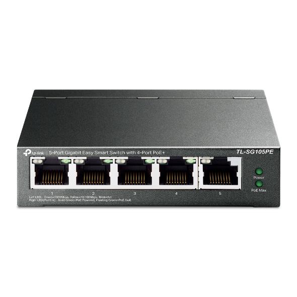 "5-Port Gigabit Easy Smart Switch with 4-Port PoE+ PORT: 4× Gigabit PoE+ Ports, 1× Gigabit Non-PoE Ports SPEC: 802.3at/af, 65 W PoE Power, Desktop Steel Case FEATURE: PoE Auto Recovery, MTU/Port/Tag-based VLAN, QoS, IGMP Snooping, Web/Utility Management, 