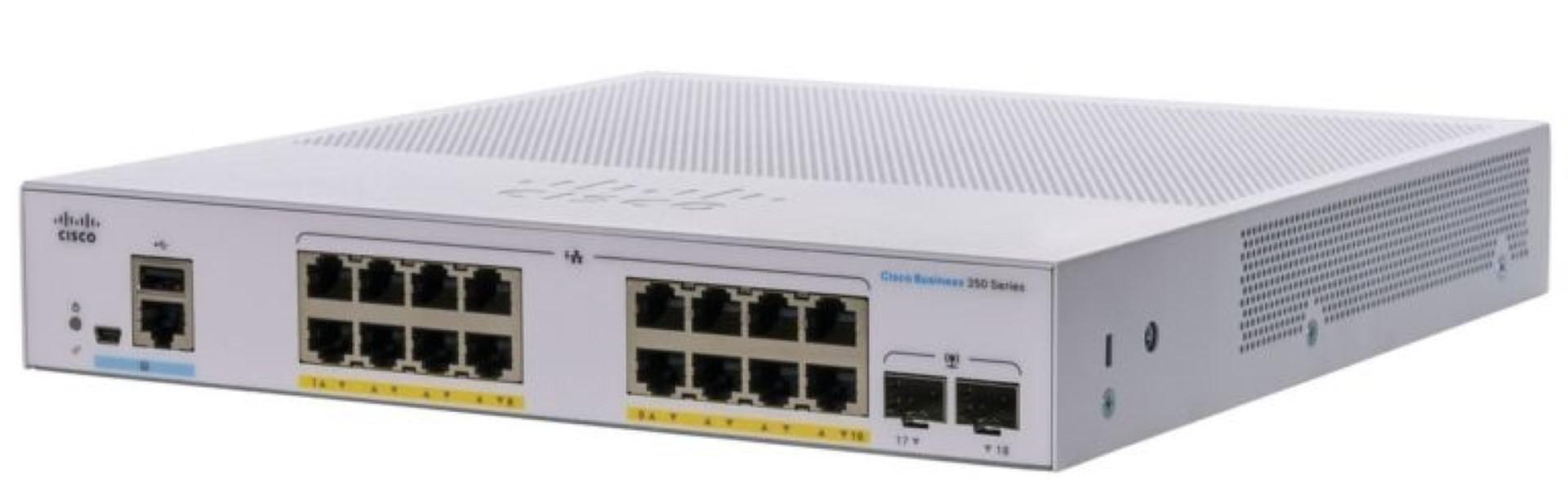 Switch  CISCO CBS350-16FP-2G, 16 PORTURI 10/100/1000, 2 x SFP, POE 240w, Buffer: 1.5 Mb, Flash 256Mb, CPU: 800 MHz ARM , DRAM: 512 MB Dimensiuni: 268 x 308 x 44 mm, Greutate: 2.49 Kg, Consum fara POE: 220V-26.68 W, cu POE: 279.8W, Fanless, Rack-mount.