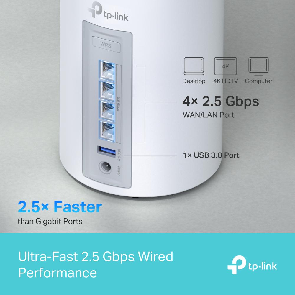 TP-LINK DECO BE65(2-PACK) Sistem Mesh WI-FI 7, BE9300, TRI-BAND, Standarde wireless: IEEE 802.11be/ax 6 GHz, IEEE 802.11be/ax/ac/n/a 5 GHz, IEEE 802.11ax/n/b/g 2.4 GHz, Viteze wireless: BE9300 6 GHz: 5760 Mbps (802.11be), 5 GHz: 2880 Mbps (802.11be), 2.4 
