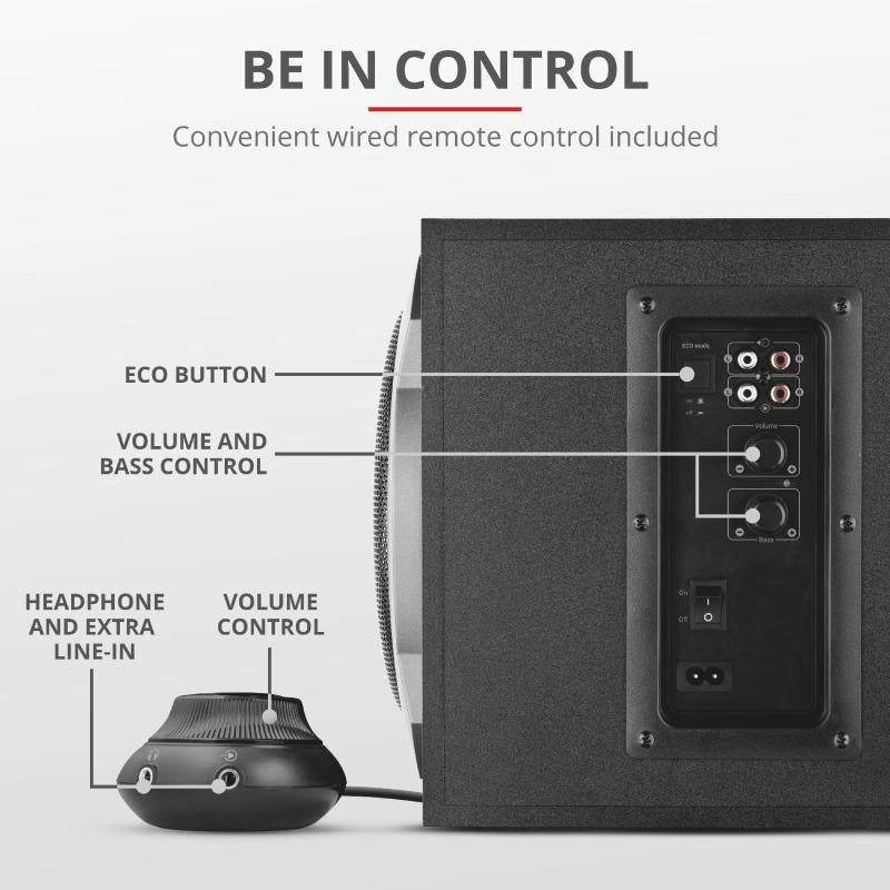 RESIGILAT | Boxe Trust Tytan 2.1, lungime cablu audio 175 cm, intrare audio 3.5 mm, frecventa raspuns 20 Hz, 20.000 Hz, putere maxiam RMS 120 W, impendanta 4 Ohm, negru - imagine 4 - RESIGILAT