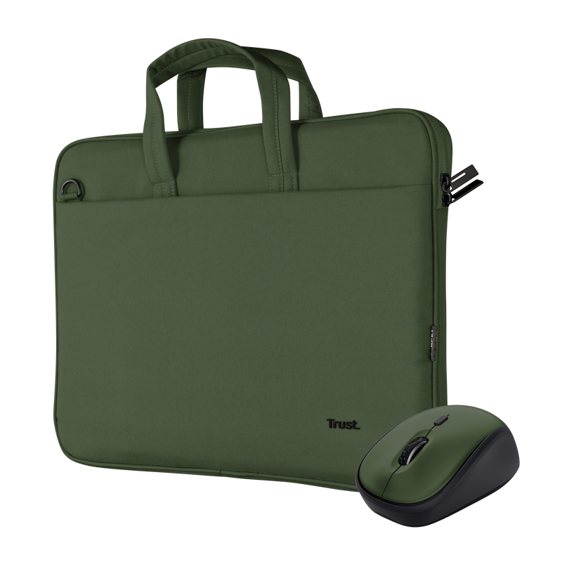 Kit Geanta de laptop Trust Bologna pentru laptop-uri cu diagonala de pana la 16", mouse Trust wireless, verde