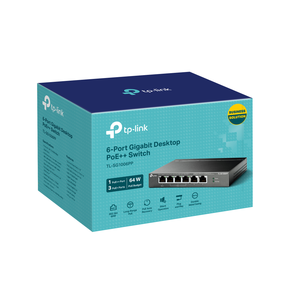 "6-Port Gigabit Desktop Switch with 3-Port PoE+ and 1-Port PoE++ PORT: 1× Gigabit PoE++ Port, 3× Gigabit PoE+ Ports, 2x Gigabit Non-PoE Ports SPEC: 802.3af/at/bt type3, 64 W PoE Power,  Desktop Steel Case FEATURE: Extend Mode for 250m PoE Transmitting for