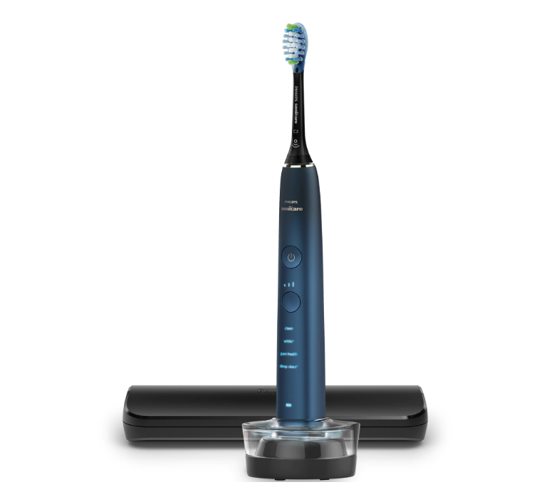 Periuta de dinti electrica Philips Sonicare DiamondClean 9000 HX9911/88, 62000 miscari/min, 4 moduri de curatare, 3 nivele intensitate, senzor presiune, functia BrushSync, aplicatie Sonicare, wireless Bluetooth, toc transport, baza de incarcare, Acvamarin