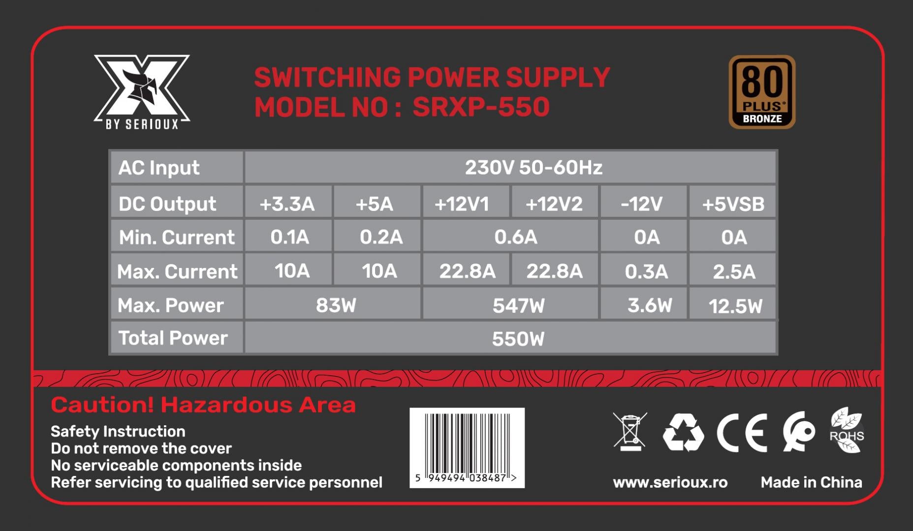 Sursa Serioux Energy 550W, 80+ Bronze, Ventilator 12cm, ATX, material metal, cabluri: 20+4-pin, 1x4+4-pin, 2x6+2-pin, negru