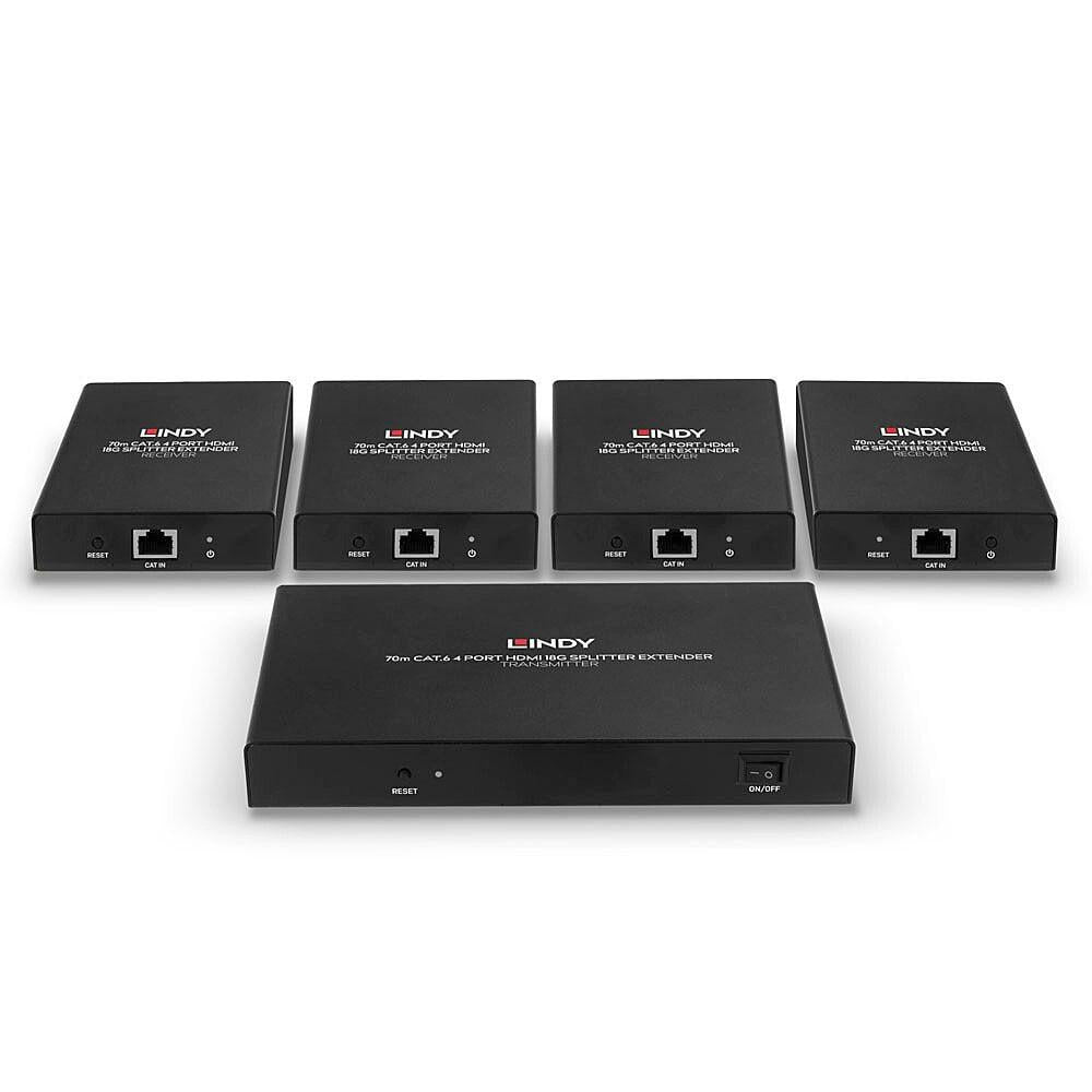 Lindy 70m 4 Port Cat.6 HDMI 4K60 Splitter Extender  Description  Distribute 4K HDMI signals to up to 4 displays in multiple locations Supports resolutions up to 4K@60Hz, with additional support for HDR Features a loop-through HDMI output on the transmitte