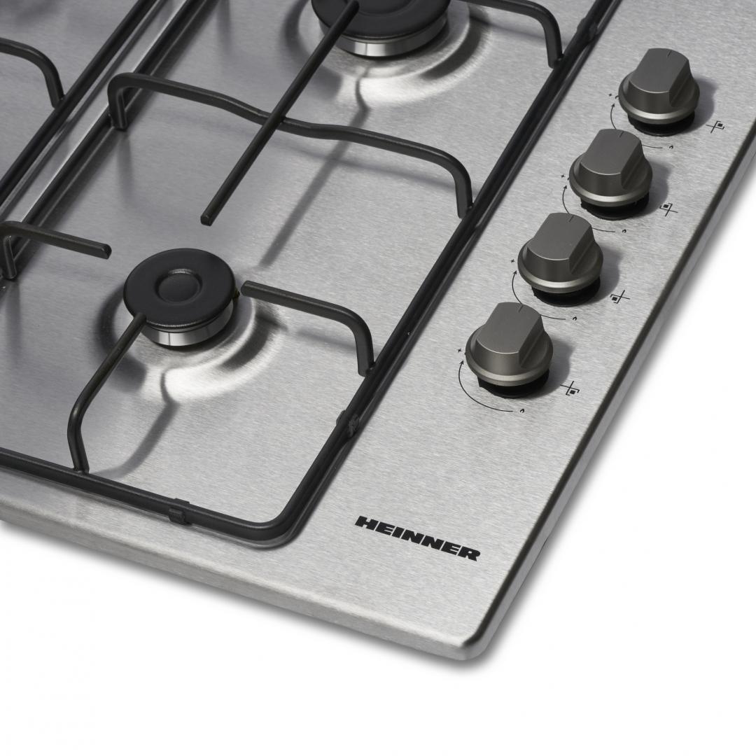 RESIGILAT | Plita incorporabila Heinner HBH-V4IEIX, Gaz, 4 arzatoare, Gratar email, Control lateral, Aprindere electrica, Dispozitiv de siguranta, Duze GPL incluse, Dimenziuni (LxA): 58x51 cm, Culoare: Inox - imagine 3 - RESIGILAT
