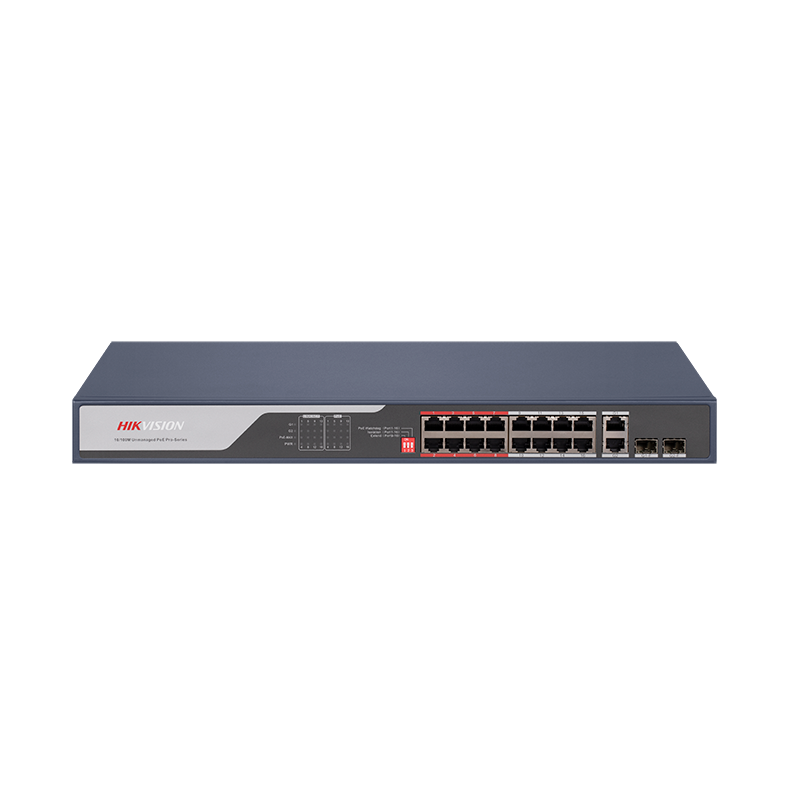 16 Port Fast Ethernet Unmanaged POE Switch Hikvision DS-3E0318P-E(C) Intelligent PoE management. Up to 300 m long range PoE transmission. Port isolation to improve network security. 6 KV surge protection to improve reliability in harsh environment. PoE wa