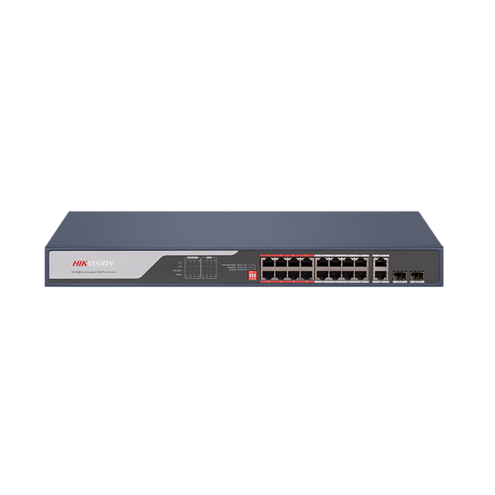 16 Port Fast Ethernet Unmanaged POE Switch Hikvision DS-3E0318P-E(C) Intelligent PoE management. Up to 300 m long range PoE t