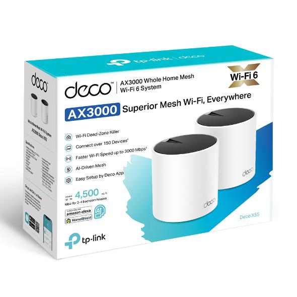 TP-Link AX3000 whole home mesh Wi-Fi 6 System, Deco X55(2-pack);  Standarde Wireless: IEEE 802.11ax/ac/n/a 5 GHz, IEEE 802.11ax/n/b/g 2.4 GHz, Interfata: 3 LAN/WAN Gigabit Ethernet Ports, 2 x antene interne per unitate, 2402 Mbps (5 GHz), 574 Mbps (2.4 GH