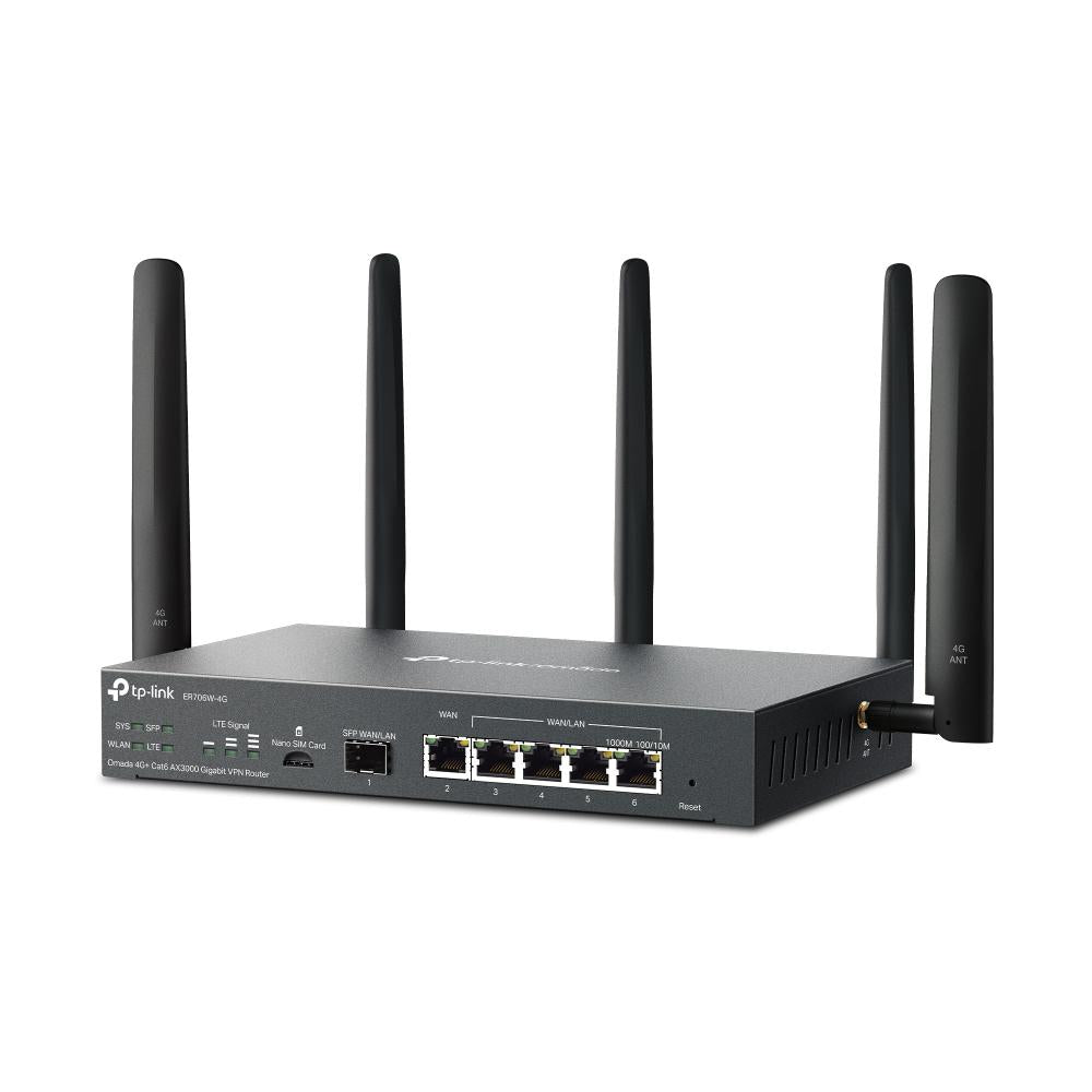 "Omada 4G+ Cat6 AX3000 Gigabit VPN Router PORT: 1× Gigabit SFP WAN/LAN Port, 1× Gigabit RJ45 WAN Port, 4× Gigabit WAN/LAN RJ45 Ports, 1 Nano SIM slot (4G+ Cat6) SPEED: 574Mbps at 2.4 GHz + 2402 Mbps at 5 GHz (HE160) Wi-Fi Speed, 300 Mbps Download LTE Spee