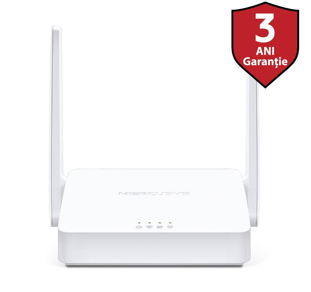 Router Wireless Mercusys N 300 Mbps, MW301R; Standarde Wireless: IEEE 802.11n, IEEE 802.11g, IEEE 802.11b, Frecventa: 2.4 - 2.4835GHz, Rata semnal: 11n: Up to 300Mbp, 11g: Up to 54Mbps, 11b: Up to 11Mbps, Interfata: 2 10/100Mbps LAN, 1 10/100Mbps WAN, Ant