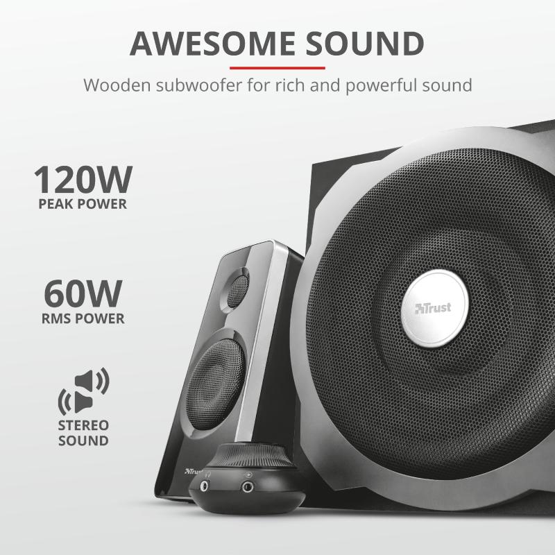 RESIGILAT | Boxe Trust Tytan 2.1, lungime cablu audio 175 cm, intrare audio 3.5 mm, frecventa raspuns 20 Hz, 20.000 Hz, putere maxiam RMS 120 W, impendanta 4 Ohm, negru - imagine 3 - RESIGILAT
