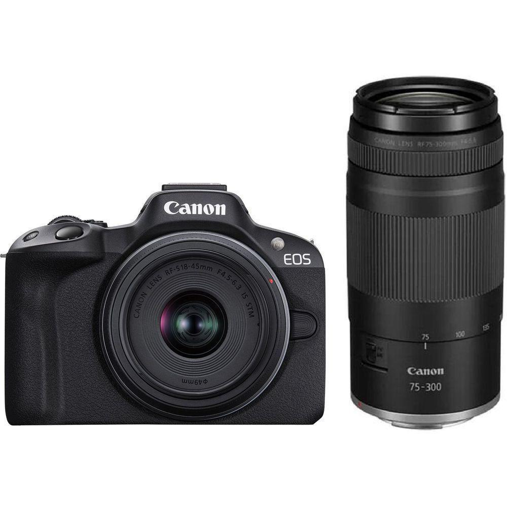 Canon D.cam Eos R50 + RF18-45+RF75-300MM (Aparat foto Canon Eos R50 Black Kit + Obiectiv RF-S 18-45 + RF-S 75-300MM F4-5.6)