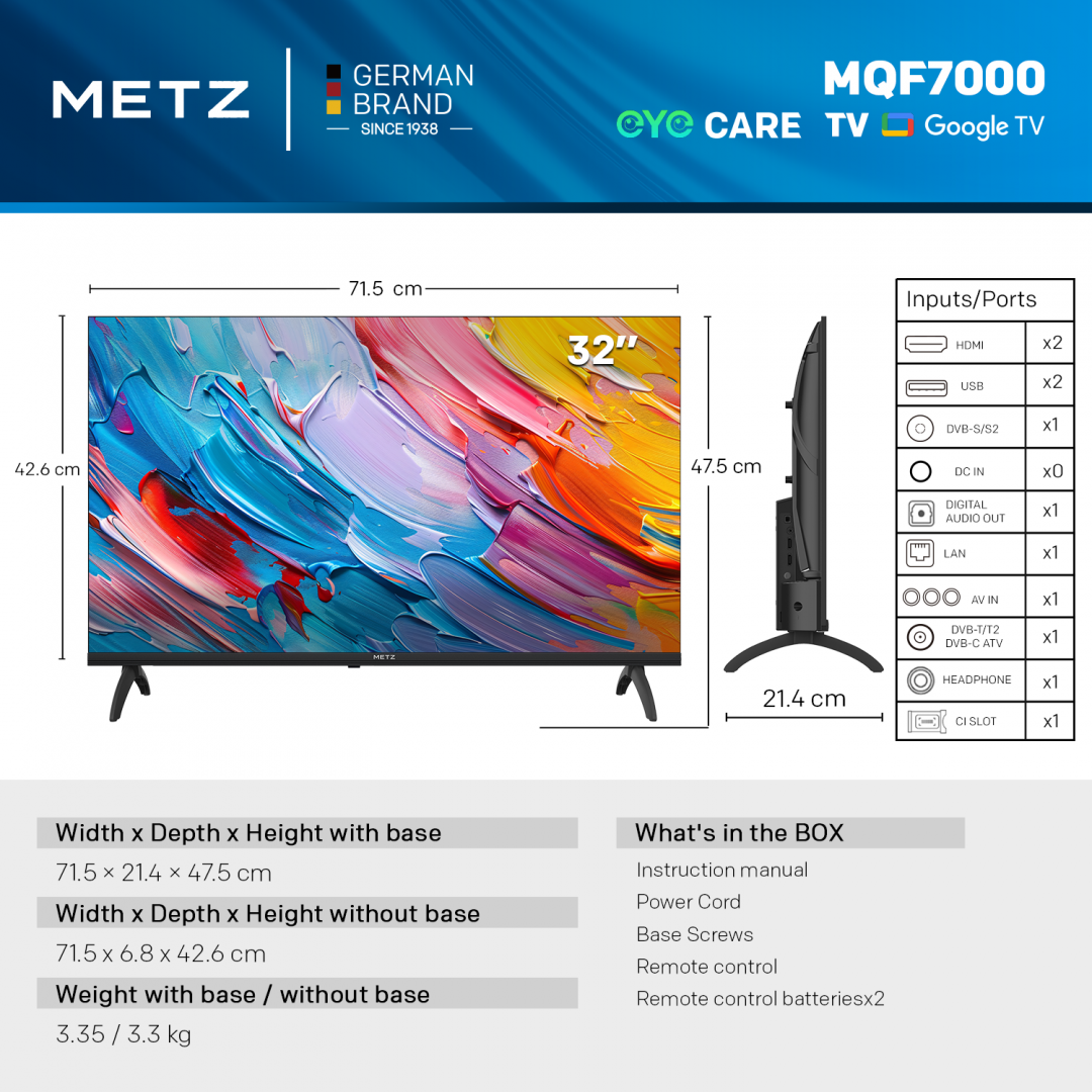Televizor METZ QLED 32MQF7000Z, 80 cm, Smart Google TV, HD, Clasa E (Model 2025)