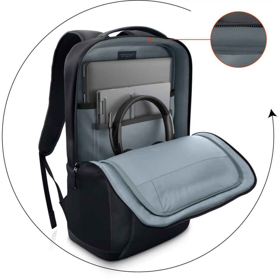 Dell EcoLoop Essential Backpack 16" CP3724 Colour: Black, Features: Made with solution-dyeing process for polyester that can generate up to 97% less greenhouse gas emissions, water impact and fossil fuels than traditional dyeing processes, Exterior main f