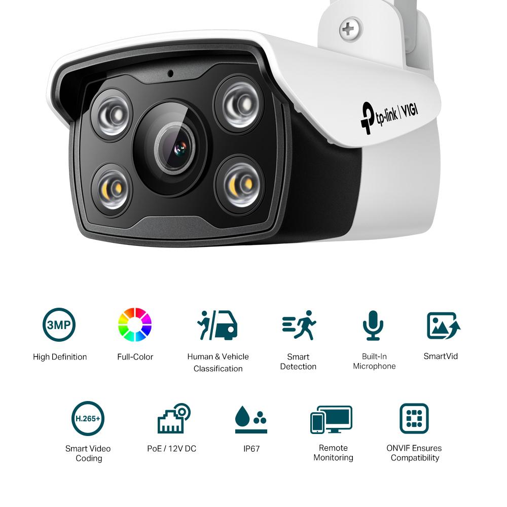 "TP-Link Camera IR de supraveghere Bullet pentru exterior VIGIC330(4MM), Senzor imagine: CMOS 1/2.8"", Lentila 4mm, F1.6,Weatherproof: IP67, Infrarosu: 30m, Detectare: 70m, Observare: 29m, Recunoastere: 10m, Identificare: 5mUnghi vizualizareHorizontal FOV