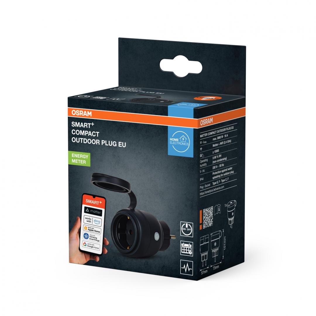 Priza inteligenta de exterior Osram SMART+ Matter over WiFi (2.4 GHz), 16A, 3680W, IP44, compatibila Amazon Alexa, Google Home, Apple Home, Samsung SmartThings si alte platforme Matter, Neagra
