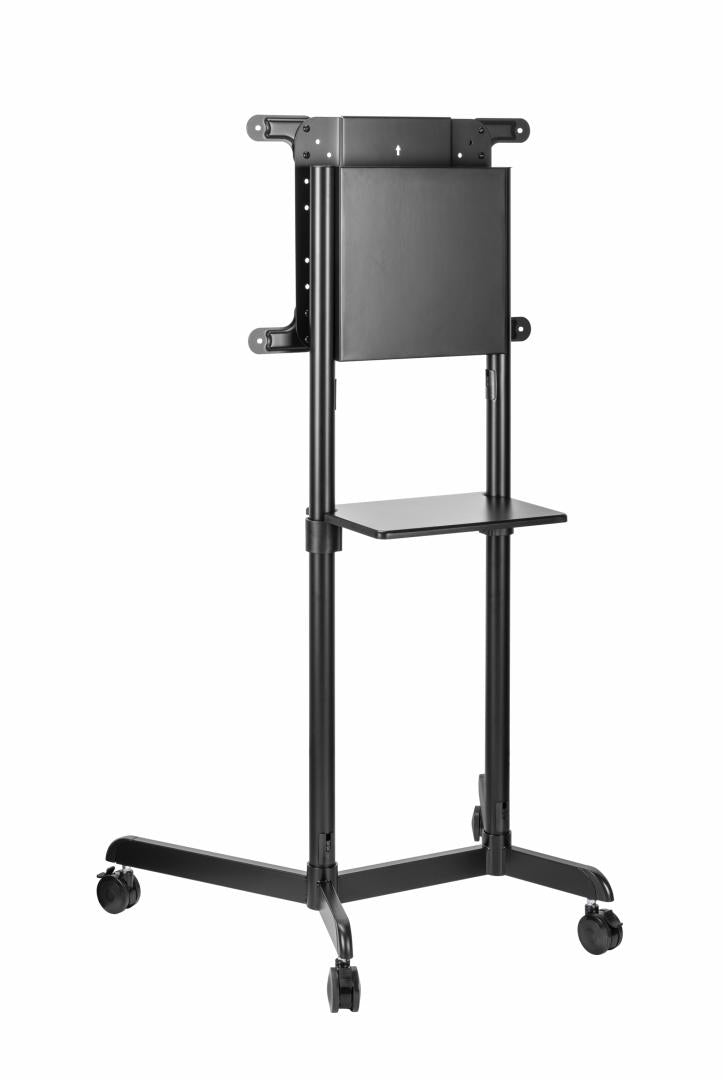 Stand TV mobil Serioux TV11-46TW, parti metalice: Cadru principal vertical, Brațele de prindere VESA, Placa de montaj TV, baza, fixarea se face cu ajutorul accesoriile incluse; dimensiuni: 920x702x1595mm, compatibilitate  dimensiune ecran: 37"-70", compat
