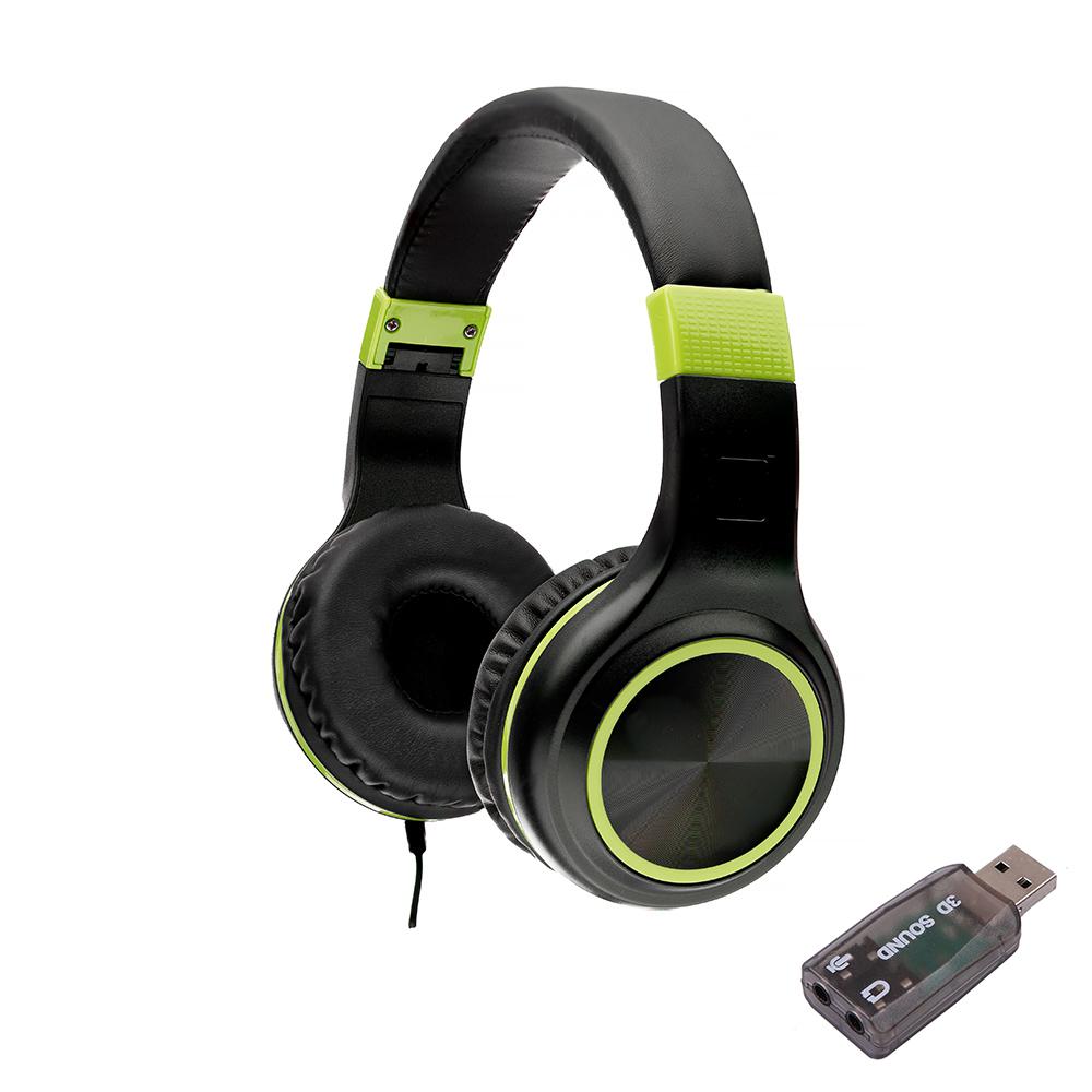 Casti Spacer, cu fir, standard, utilizare multimedia, microfon pe fir, pliabile, banda ajustabila, conectare prin adaptor USB 2.0 sau Jack 3.5 mm x 2, negru&verde