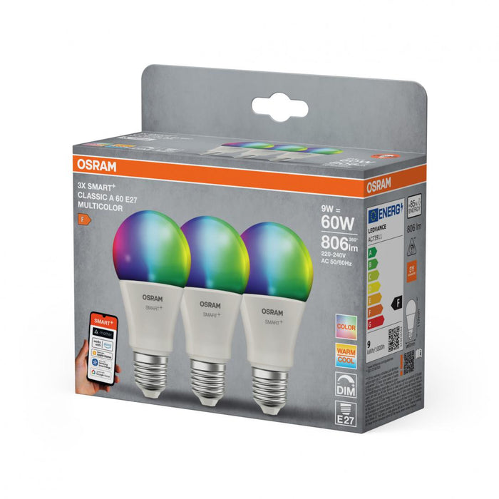 3 Becuri LED RGB inteligente Osram SMART+ Matter over WiFi Classic Multicolour A ,E27, 9W (60W), 806 lm, lumina alba si color