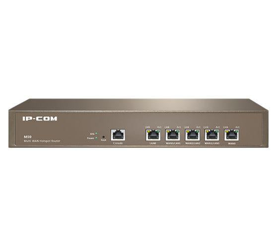IP-COM M50 Mutti-WAN Hotspot Router, Procesor: 800Mhz Dual Core, Dimensiuni: 440*285*44(mm) 512 Mb RAM, 128 Mb Flash, Interfata: 5*GE(1~4 WAN/ 4~1 LAN), 1*RJ45 Console, capacitate maxima utilizatori: 200, Smart Bandwith Control, Tip Conexiune: PPPoE/DHCP/