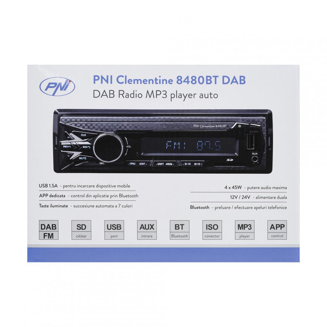 DAB si RDS radio MP3 player auto PNI Clementine 8480BT 4x45w, 12/24V, 1 DIN, cu SD, USB, AUX, RCA, Bluetooth si USB 1.5A pentru incarcare telefon, Radio: FM/DAB+, Radio FM: 87.5MHZ - 108.0MHZ, Radio DAB: 174.928MHZ - 239.200MHZ, Dimensiuni (L x H x A / Gr