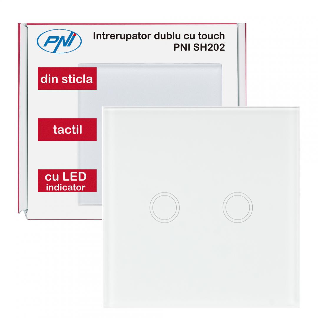Pni Intrerupator Dublu Touch Alb (Intrerupator dublu cu touch Pni SH202 din sticla)