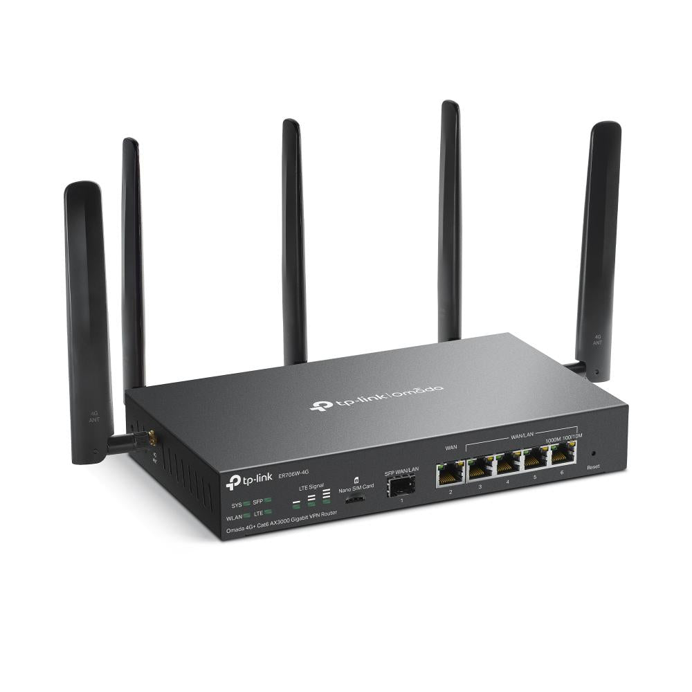 "Omada 4G+ Cat6 AX3000 Gigabit VPN Router PORT: 1× Gigabit SFP WAN/LAN Port, 1× Gigabit RJ45 WAN Port, 4× Gigabit WAN/LAN RJ45 Ports, 1 Nano SIM slot (4G+ Cat6) SPEED: 574Mbps at 2.4 GHz + 2402 Mbps at 5 GHz (HE160) Wi-Fi Speed, 300 Mbps Download LTE Spee