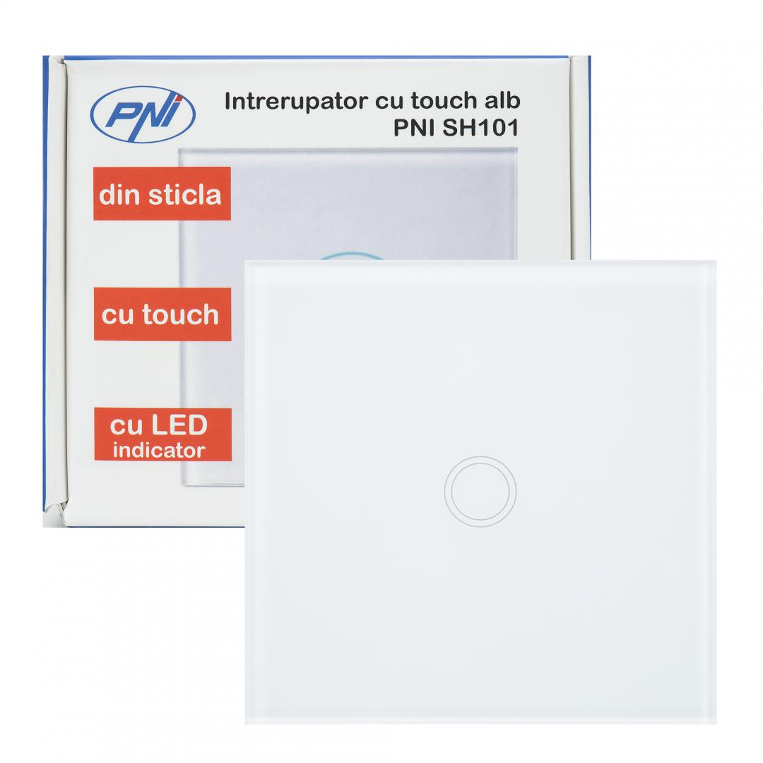 Intrerupator cu touch PNI SH101 alb cu LED indicator cu panoul frontal din sticla temperata transparenta, iar carcasa din spate rezistenta la foc. Poate fi utilizata la o putere maxima de 100W pentru becurile cu LED, iar pentru becurile clasice de maxim 2