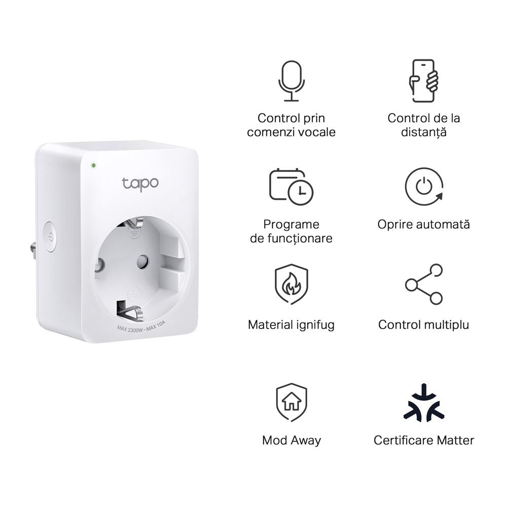 RESIGILAT | TP-LINK TAPO P100M Mini priză Wi-Fi smart, compatibilă cu Matter, WIFI Protocol: IEEE 802.11b/g/n, Bluetooth, 2.4Ghz, Dimensiuni: 72 × 51 × 40 mm, Cerinte de alimentare: 100-240V~, Incarcare maxima: 2,300W, 10A - imagine 4 - RESIGILAT