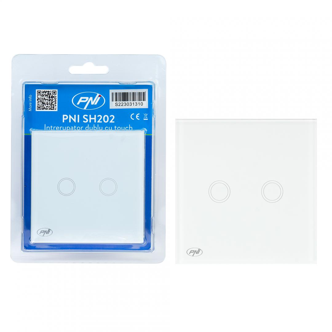 Pni Intrerupator Dublu Touch Alb (Intrerupator dublu cu touch Pni SH202 din sticla)