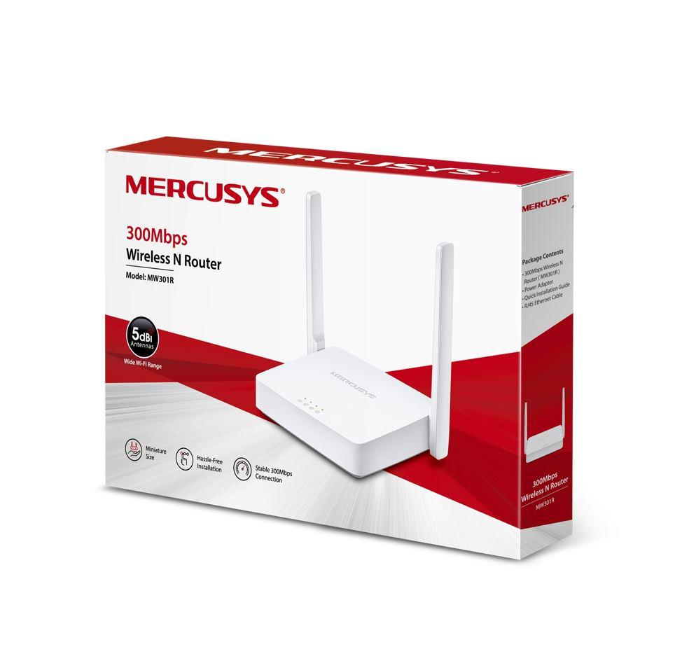Router Wireless Mercusys N 300 Mbps, MW301R; Standarde Wireless: IEEE 802.11n, IEEE 802.11g, IEEE 802.11b, Frecventa: 2.4 - 2.4835GHz, Rata semnal: 11n: Up to 300Mbp, 11g: Up to 54Mbps, 11b: Up to 11Mbps, Interfata: 2 10/100Mbps LAN, 1 10/100Mbps WAN, Ant