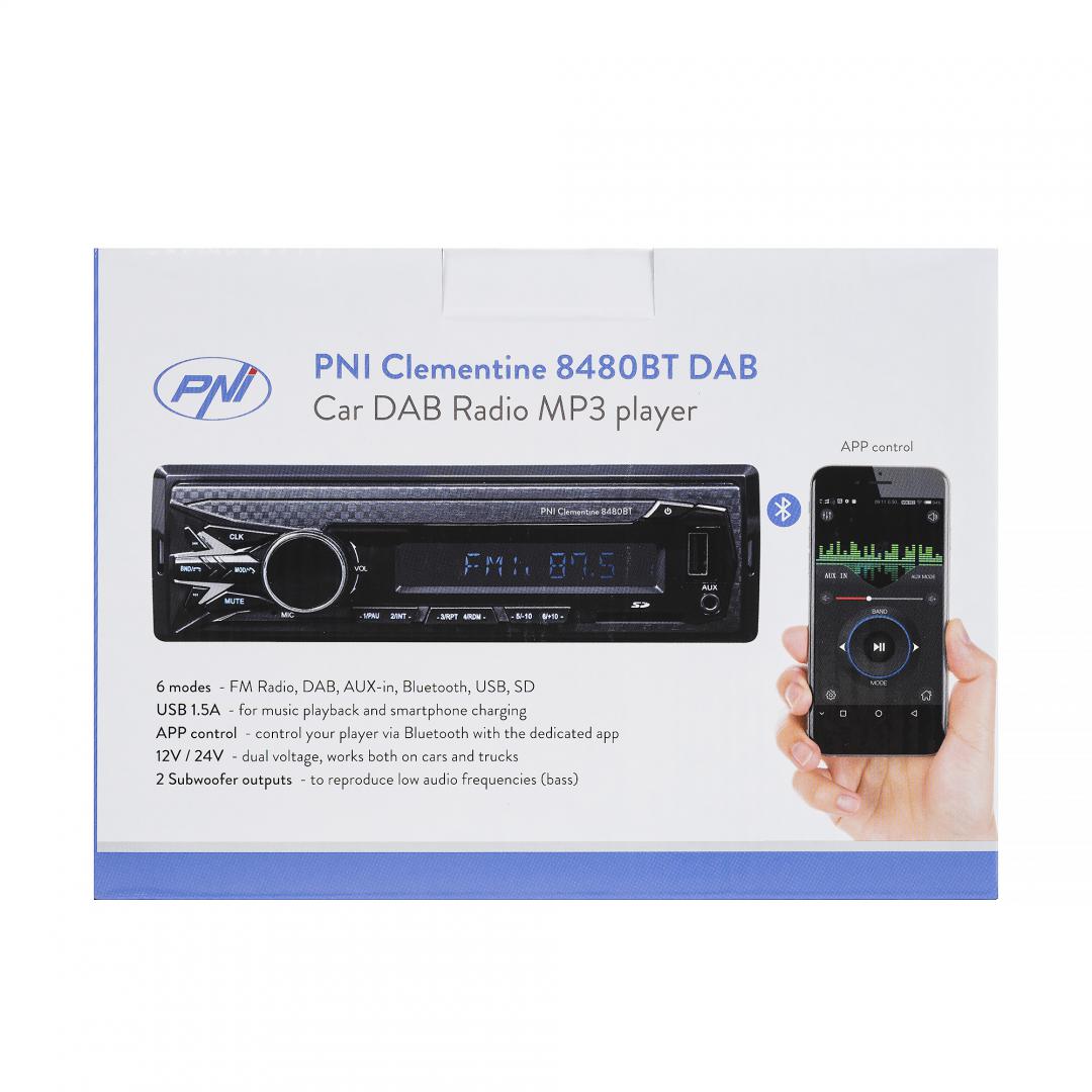 DAB si RDS radio MP3 player auto PNI Clementine 8480BT 4x45w, 12/24V, 1 DIN, cu SD, USB, AUX, RCA, Bluetooth si USB 1.5A pentru incarcare telefon, Radio: FM/DAB+, Radio FM: 87.5MHZ - 108.0MHZ, Radio DAB: 174.928MHZ - 239.200MHZ, Dimensiuni (L x H x A / Gr