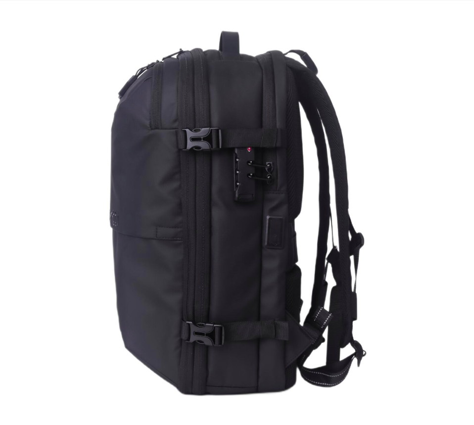 Lemontti Rucsac Smart Premium cu Vacuum si pompa vid 5 capete inclusa, 30-60L pentru cabina avion, impermeabil, doua mufe incarcare USB: USB-A si Type-C, extensie suplimentara, sistem antifurt, Negru