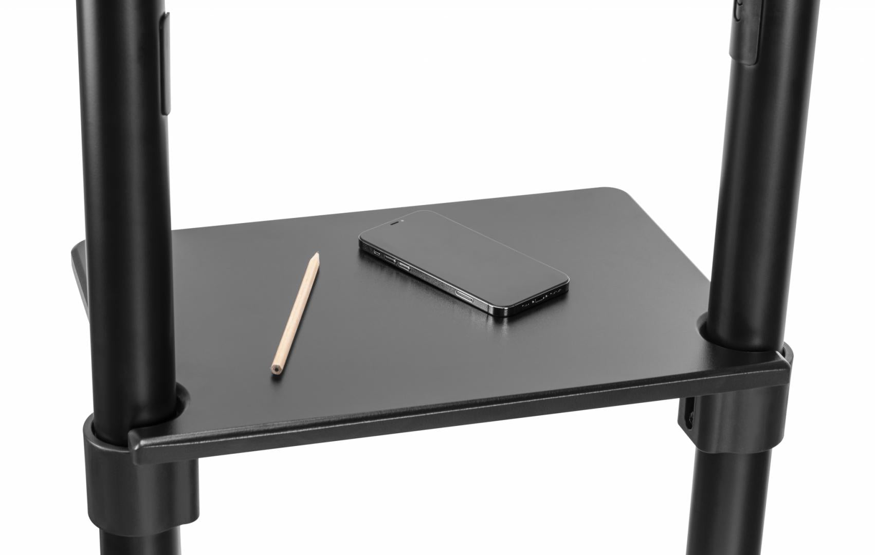 Stand TV mobil Serioux TV11-46TW, parti metalice: Cadru principal vertical, Brațele de prindere VESA, Placa de montaj TV, baza, fixarea se face cu ajutorul accesoriile incluse; dimensiuni: 920x702x1595mm, compatibilitate  dimensiune ecran: 37"-70", compat